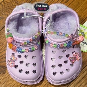 First Steps Lavender Kids fur lined shoes with Heart Cutouts